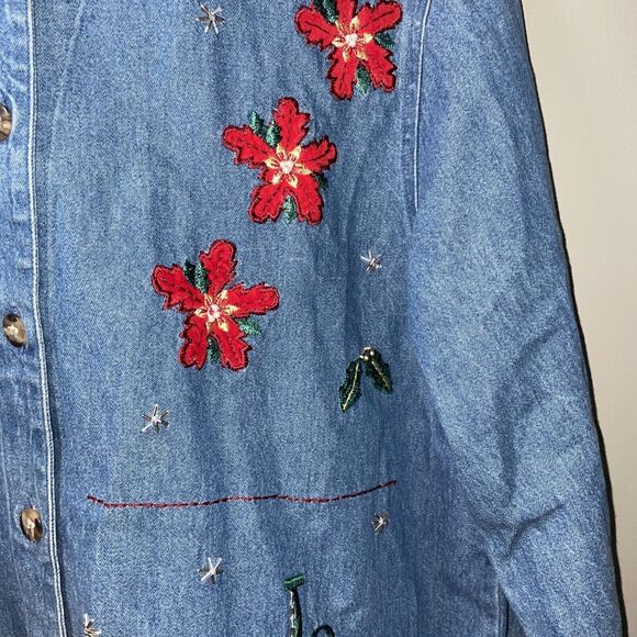 Victoria Jones Vintage Christmas Jean Button Top Blue Denim Embroidered Size Med - Picture 4 of 12
